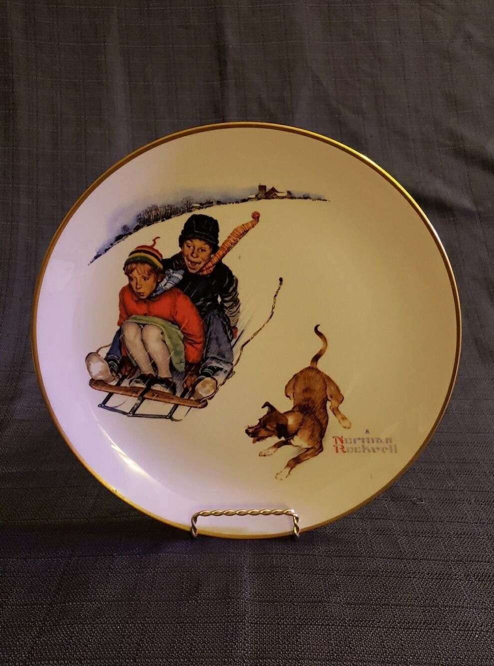 Gorham Norman Rockwell Winter Downhill Daring Collector Plate